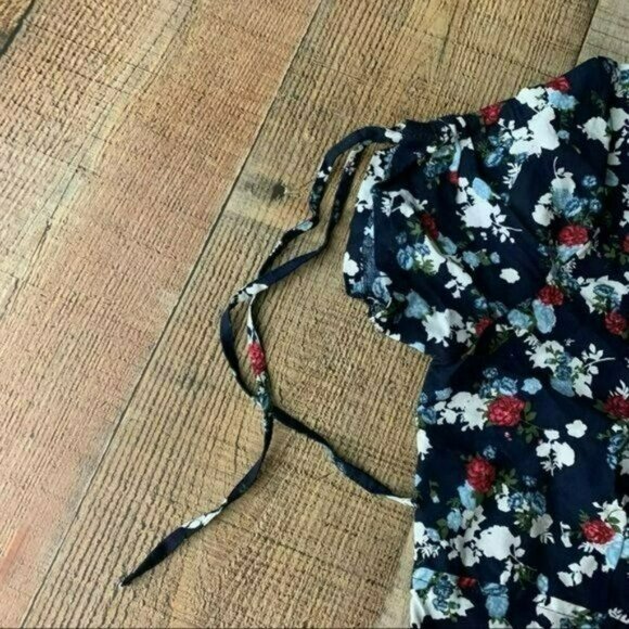 Derek Heart Floral Print Tie Short Sleeve Button-Front Navy Dress Adjustable - Picture 7 of 9